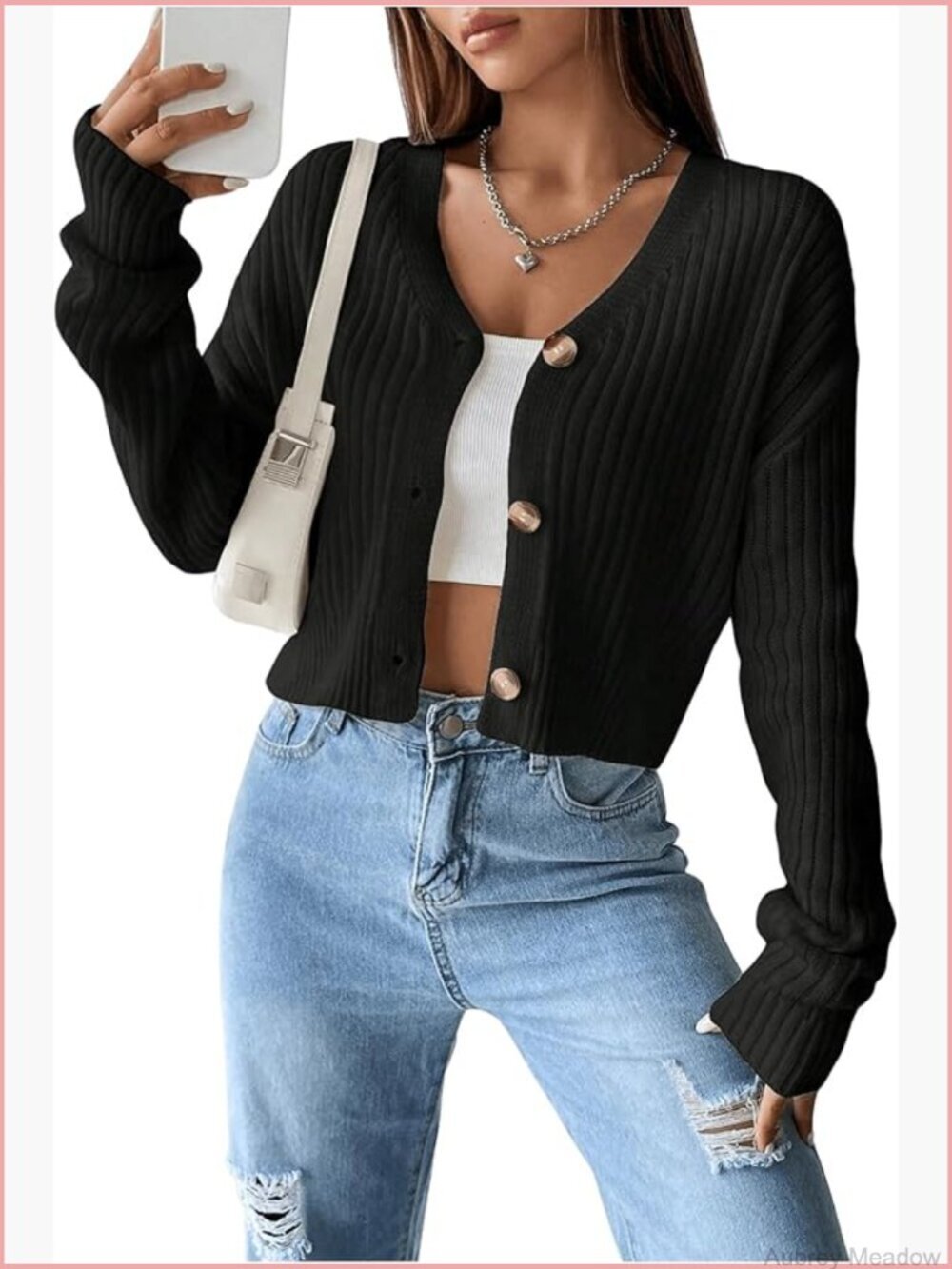 Button Down Cropped Cardigan Ribbed Long Sleeve Loose Knitwear Sweater